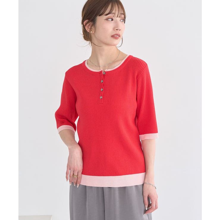 レッド | ヘンリーネック半袖ニットプルオーバー | earth music&ecology 