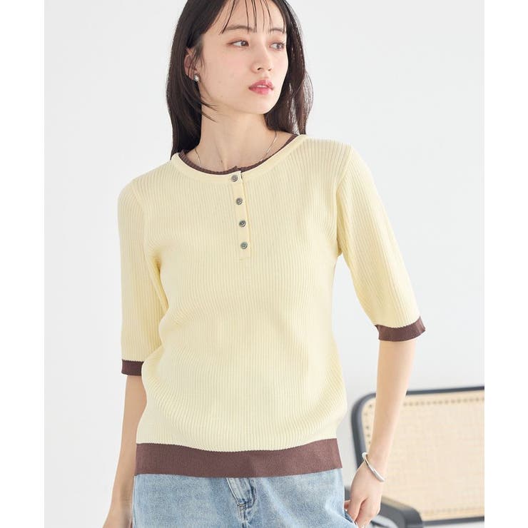イエロー | ヘンリーネック半袖ニットプルオーバー | earth music&ecology 