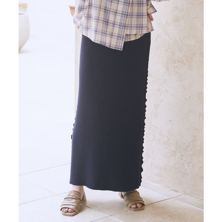 ネイビー | サイドメローリブニットスカート | earth music&ecology 