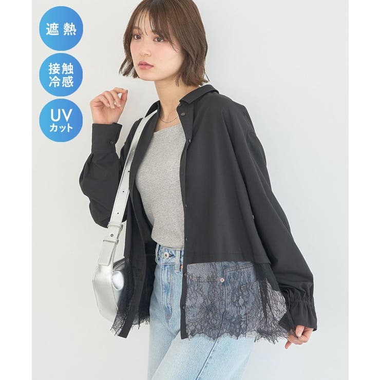 ブラック | 適ON レースヘムシャツ | earth music&ecology 