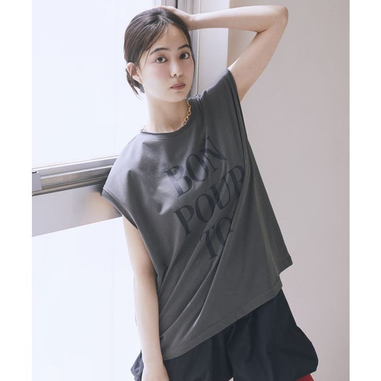 チャコールグレー | フレンチスリーブプリントTシャツ | earth music&ecology 