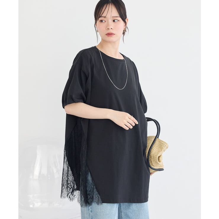 ブラック | アシメレースビッグTシャツ | earth music&ecology 
