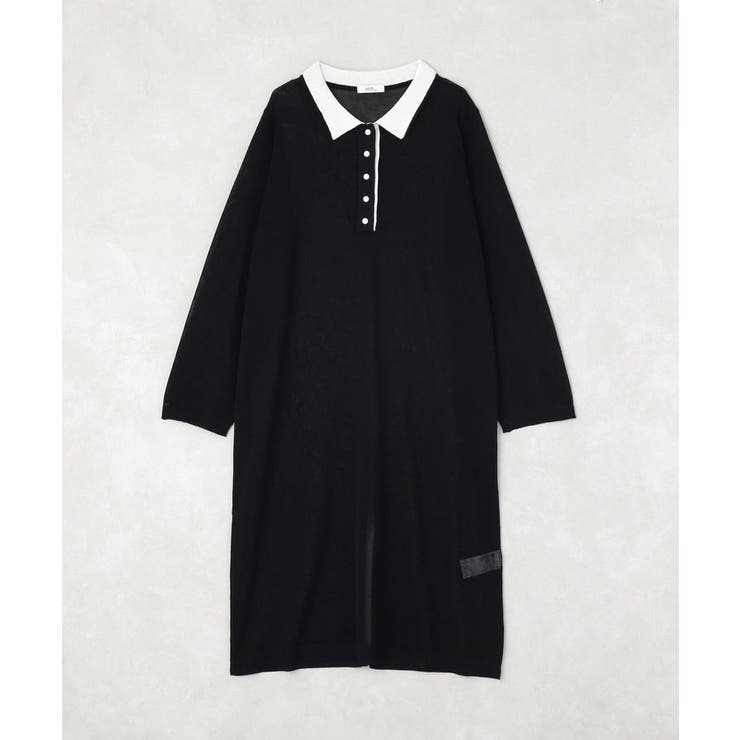 ブラック | バイカラーシアーニットポロワンピース | earth music&ecology 