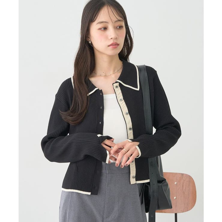 WEB限定】バイカラートリムニットカーディガン[品番：EMEW0049896