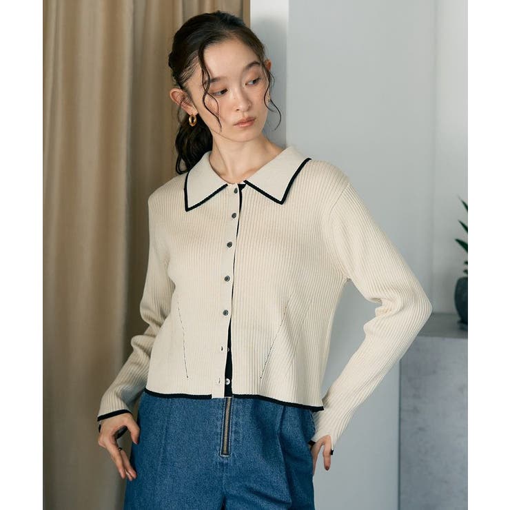 WEB限定】バイカラートリムニットカーディガン[品番：EMEW0049896