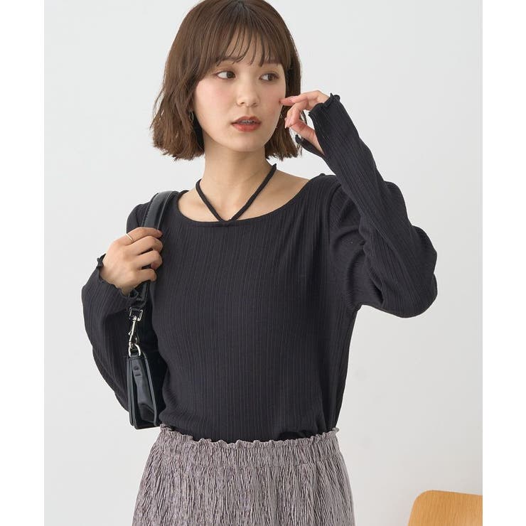 ブラック | チェーンリブホルターネックプルオーバー | earth music&ecology 