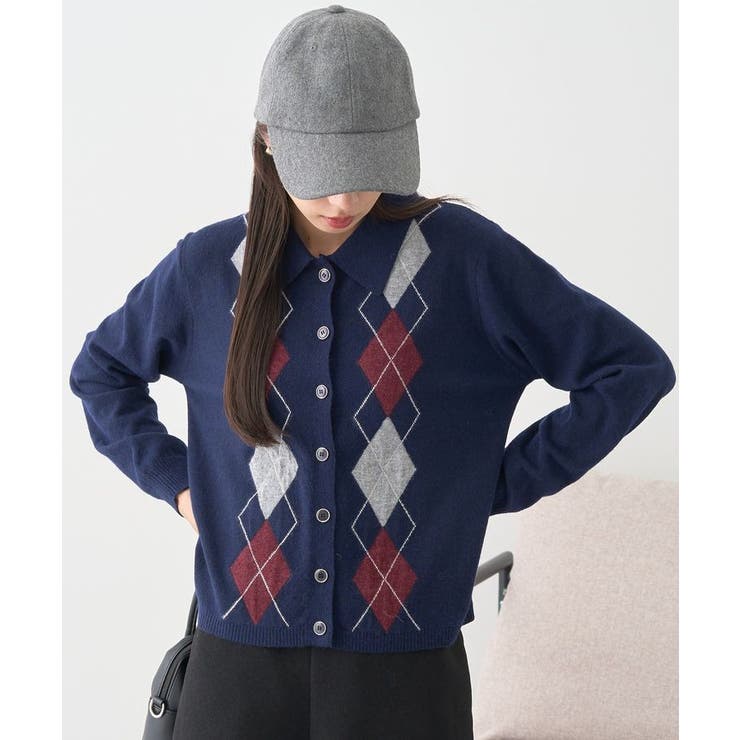 襟付きアーガイルニットカーディガン | earth music&ecology  | 詳細画像2 