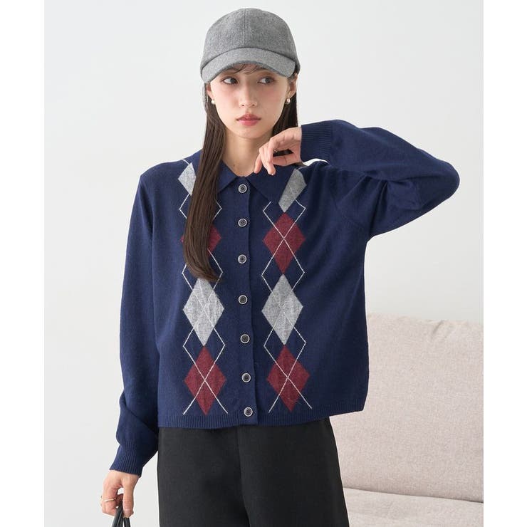 襟付きアーガイルニットカーディガン | earth music&ecology  | 詳細画像4 