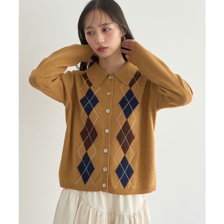 キャメル | 襟付きアーガイルニットカーディガン | earth music&ecology 