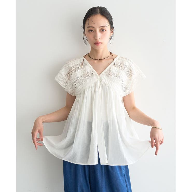 【WEB・一部店舗限定】レース&ピンタックフレンチブラウス | earth music&ecology  | 詳細画像2 