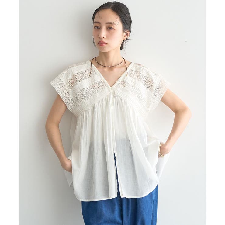 オフホワイト | 【WEB・一部店舗限定】レース&ピンタックフレンチブラウス | earth music&ecology 