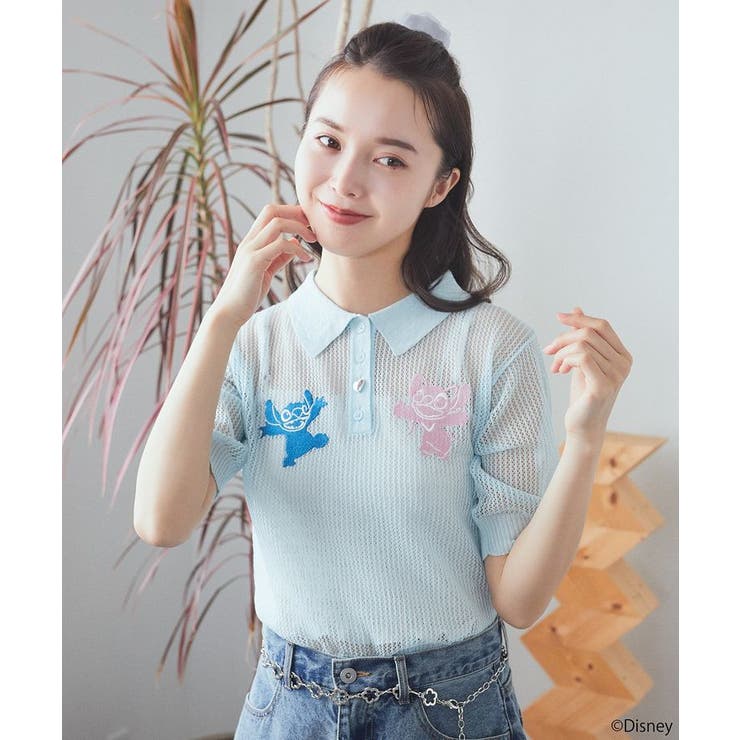 スティッチ/刺繍ハートボタンニットポロシャツ | earth music&ecology  | 詳細画像1