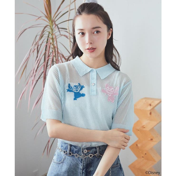 サックスブルー | スティッチ/刺繍ハートボタンニットポロシャツ | earth music&ecology