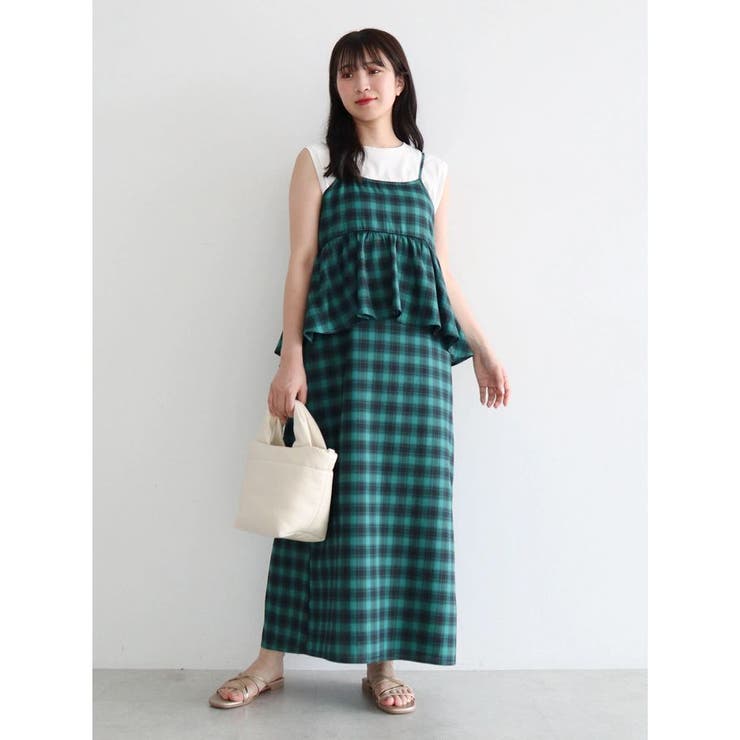 チェックペプラムキャミワンピース[品番：GRPW0045018]｜Green