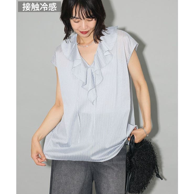 ライトグレー | ノースリーブストライプフリルブラウス | Green Parks 