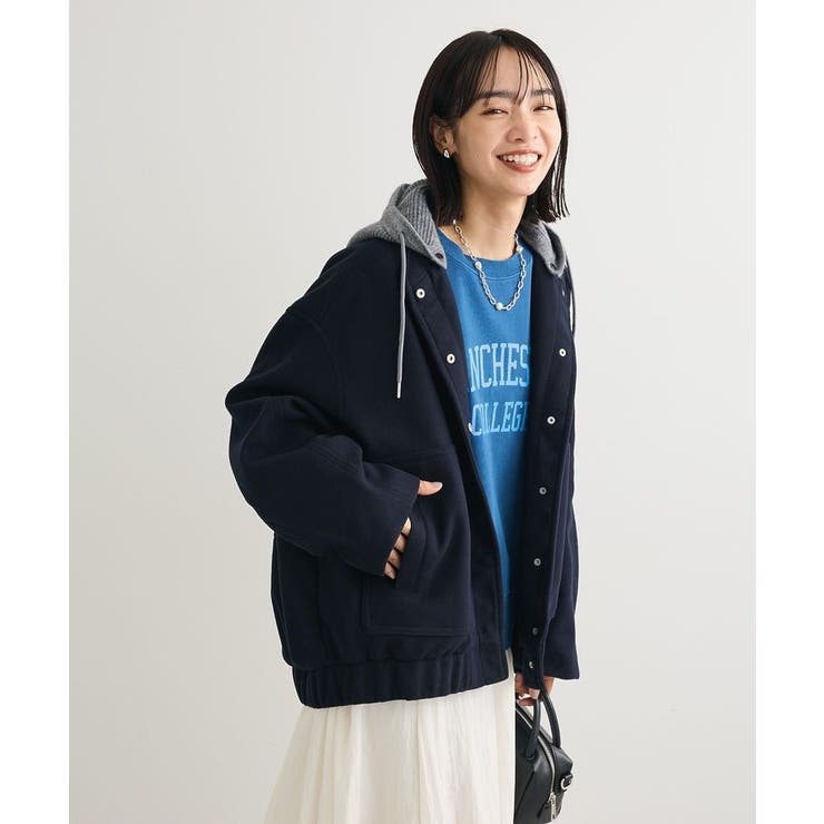 ダークネイビー | ニットフード付きウーリーブルゾン | Green Parks 