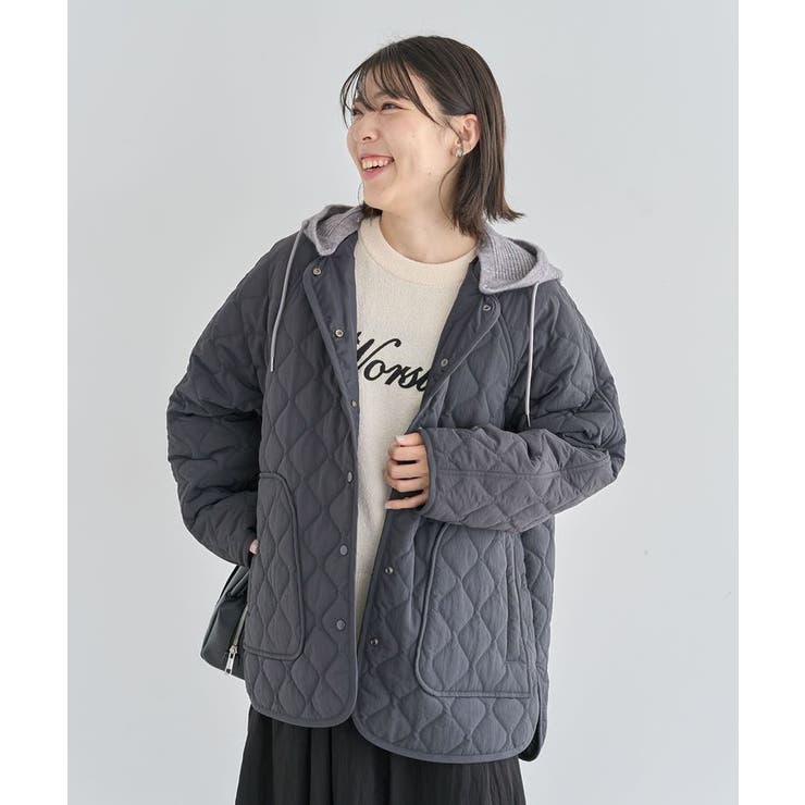 チャコールグレー | 2WAYニットフードキルティングブルゾン | Green Parks 