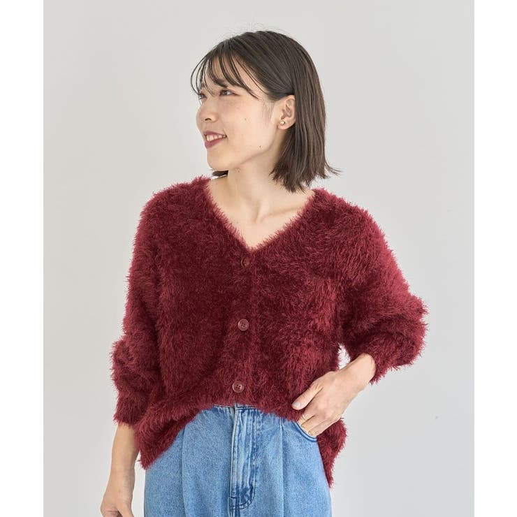 ボルドー | シャギーVネックカーディガン | Green Parks 