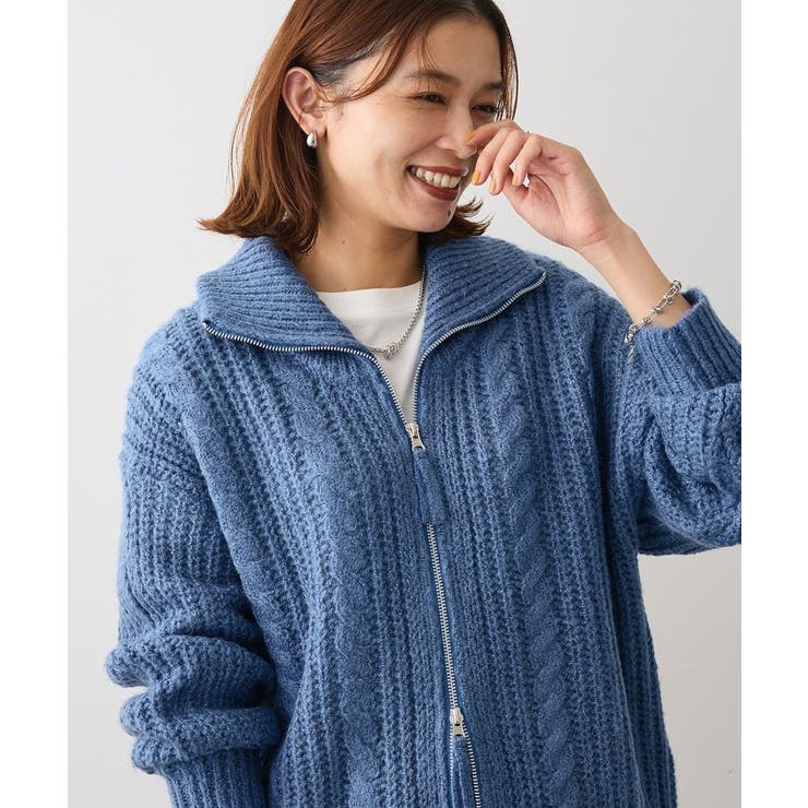 ブルー | 衿付きケーブルzipカーディガン | Green Parks 