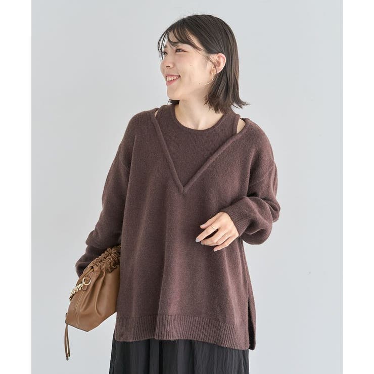 ブラウン | フェイクレイヤードVネックニットプルオーバー | Green Parks 