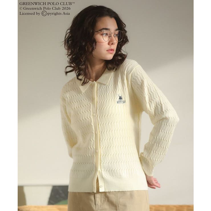エクリュ | GREENWICH POLO CLUB(TM)ケーブル襟付ニットカーディガン | Green Parks 