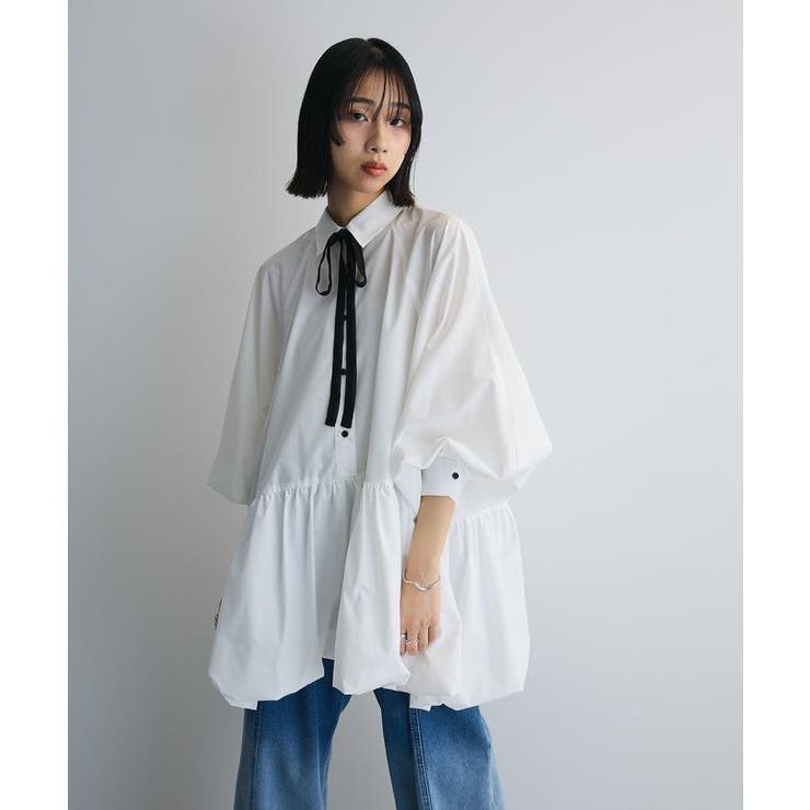 オフホワイト | ボウタイリボン付裾バルーンシャツワンピースⅡ | Green Parks 