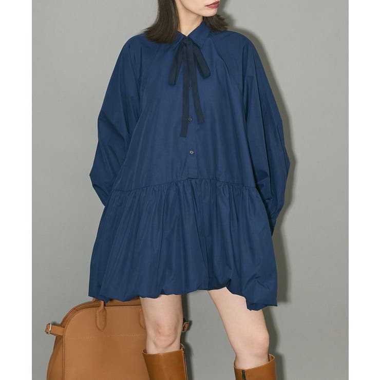 ネイビー | ボウタイリボン付裾バルーンシャツワンピースⅡ | Green Parks 