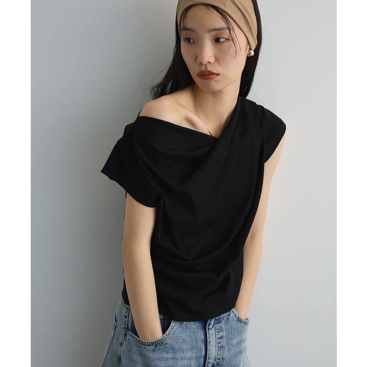 ブラック | ドレープオフショルフレンチ袖Tシャツ | Green Parks 