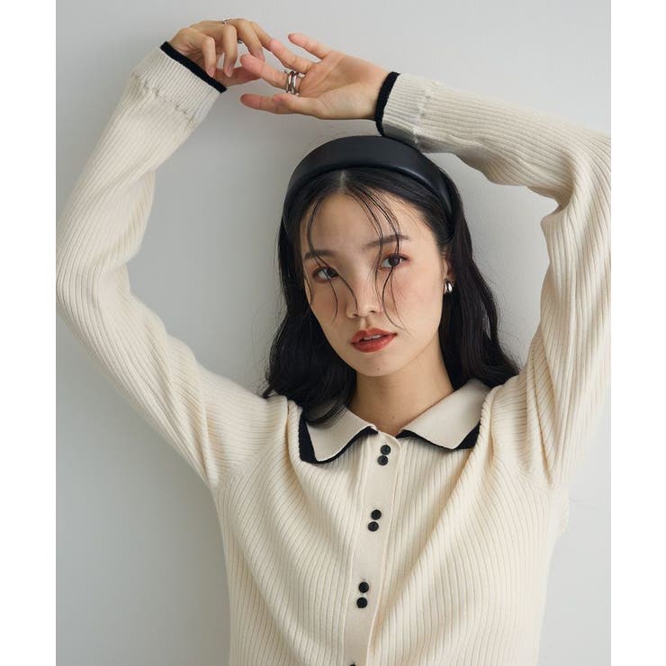 アイボリー | 配色レイヤードポロリブニットカーディガン | Green Parks 