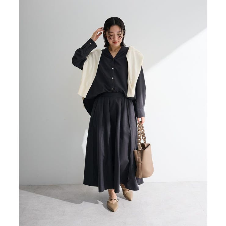 チャコールグレー | SET2点スキッパーブラウス+プリーツスカート | Green Parks 