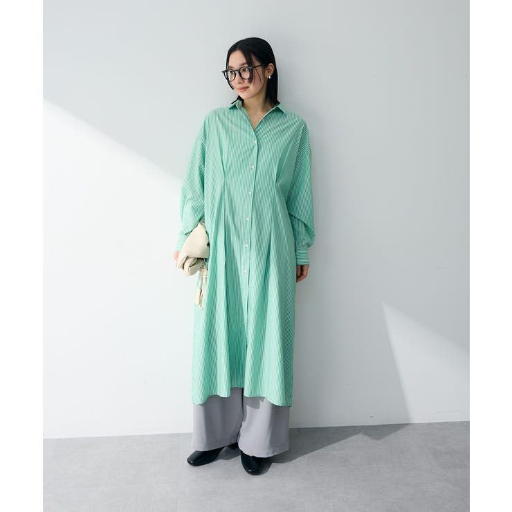 グリーン | イージーケア抜け衿ウエストタックシャツワンピース | Green Parks 