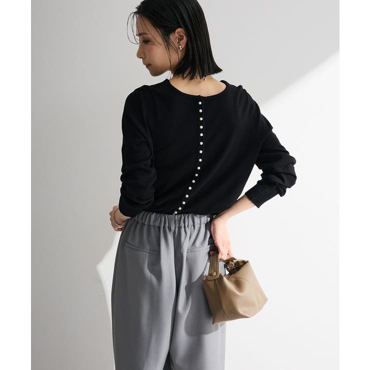 ブラック | パール調ボタン付き2WAYニットプルオーバー | Green Parks 