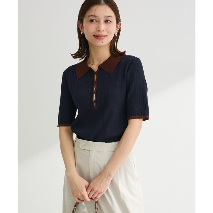 ネイビー | 配色ニットポロ | Green Parks 