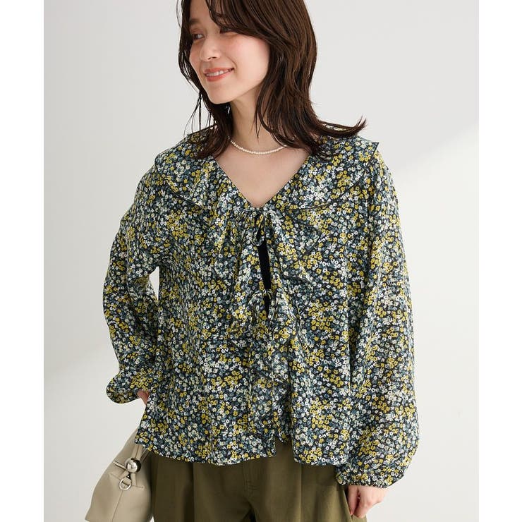 ブラック | 花柄フリルブラウス | Green Parks 