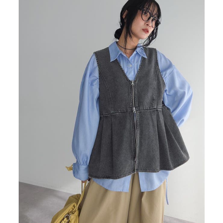 ブラック | デニムペプラムジレ | Green Parks 