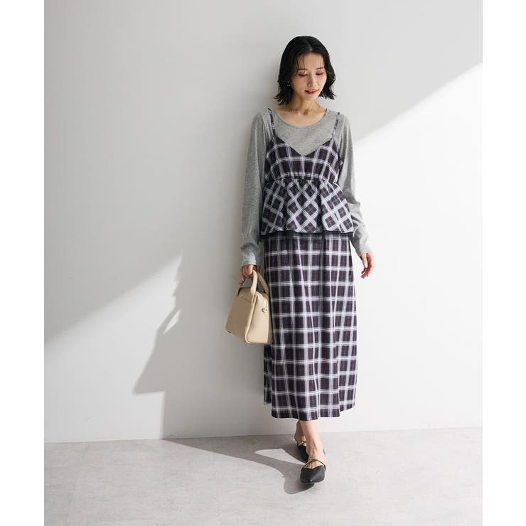 ブラック | ペプラムチェックキャミワンピース | Green Parks 