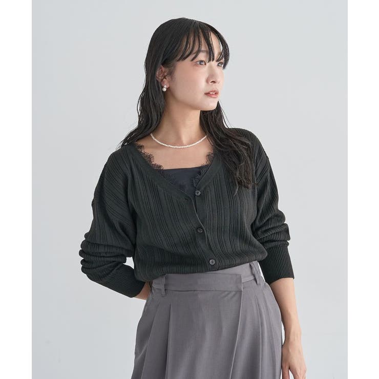 ブラック | レースドッキングニットカーディガン | Green Parks 