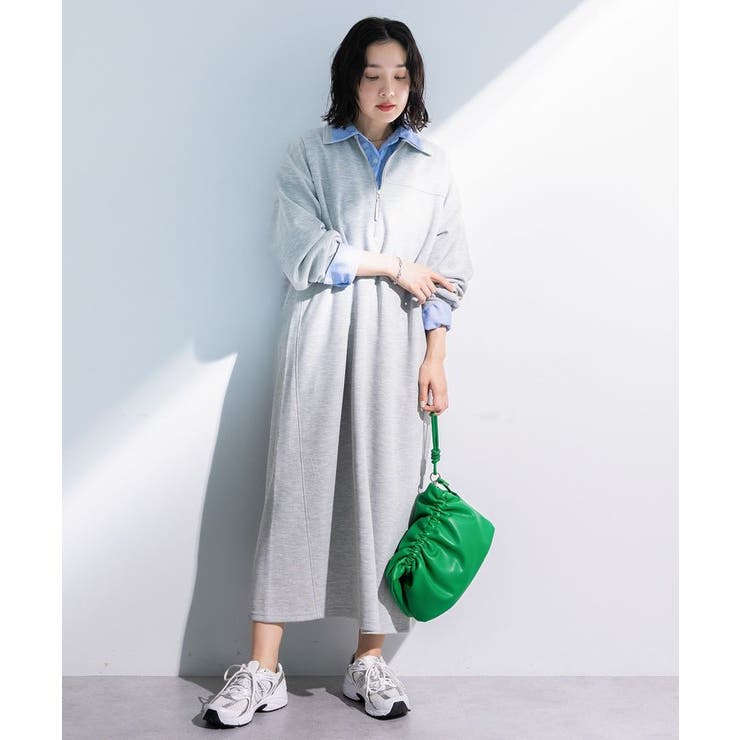 杢グレー | ポロ衿ハーフZIPカットワンピース | Green Parks 