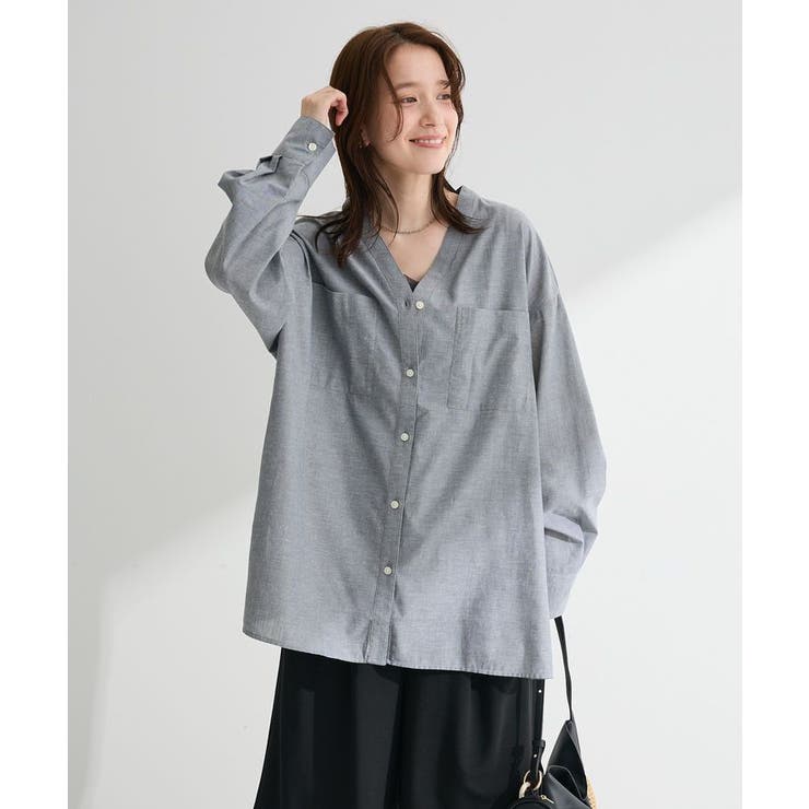 グレー | 綿麻混Vネックオーバーサイズシャツ | Green Parks 