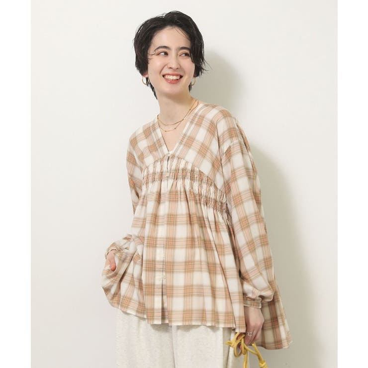 【しゃれシャツ】イージーケアVネックチェックブラウス | Green Parks  | 詳細画像5 