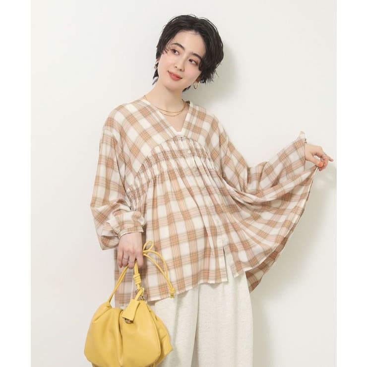 【しゃれシャツ】イージーケアVネックチェックブラウス | Green Parks  | 詳細画像6 