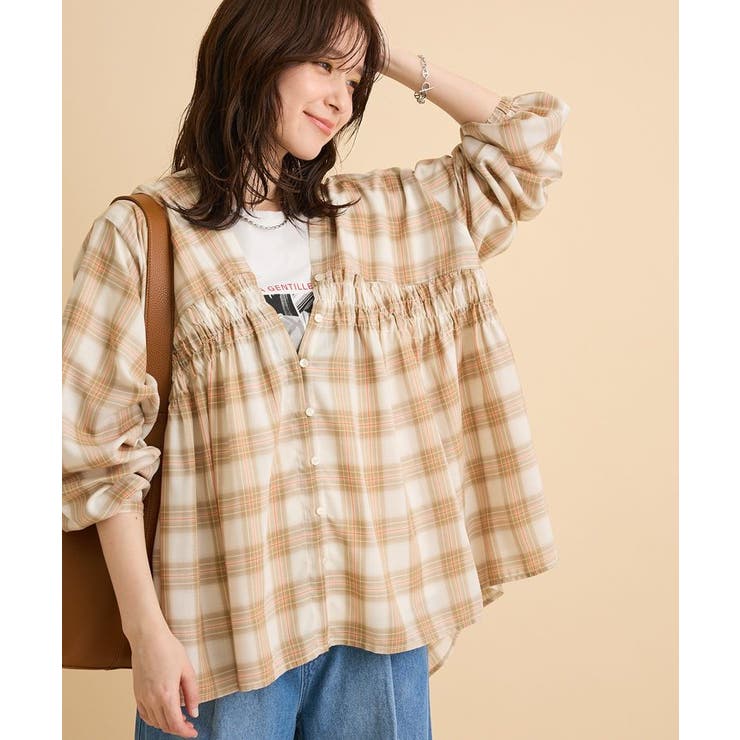 【しゃれシャツ】イージーケアVネックチェックブラウス | Green Parks  | 詳細画像13 