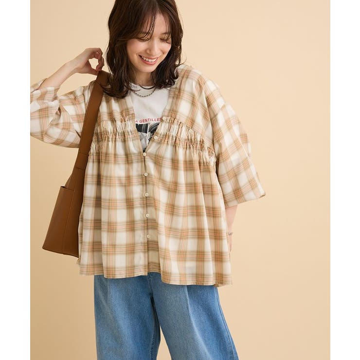 【しゃれシャツ】イージーケアVネックチェックブラウス | Green Parks  | 詳細画像14 