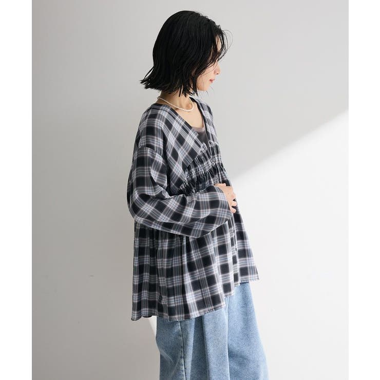 【しゃれシャツ】イージーケアVネックチェックブラウス | Green Parks  | 詳細画像21 