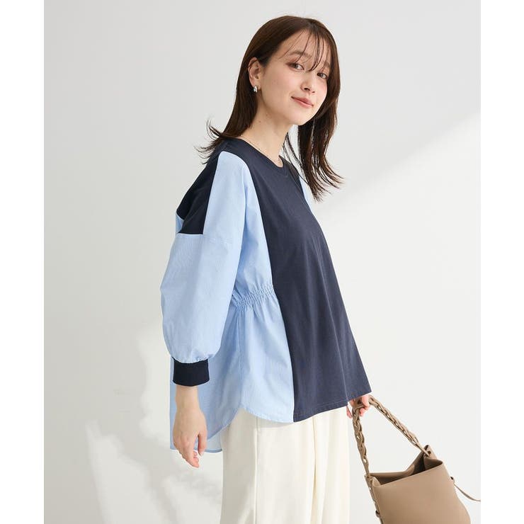 ネイビー | 7分袖サイドシャーリングドッキングプルオーバー | Green Parks 