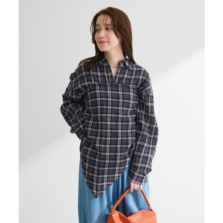 チャコールグレー | スカーフ付チェックシャツ | Green Parks 