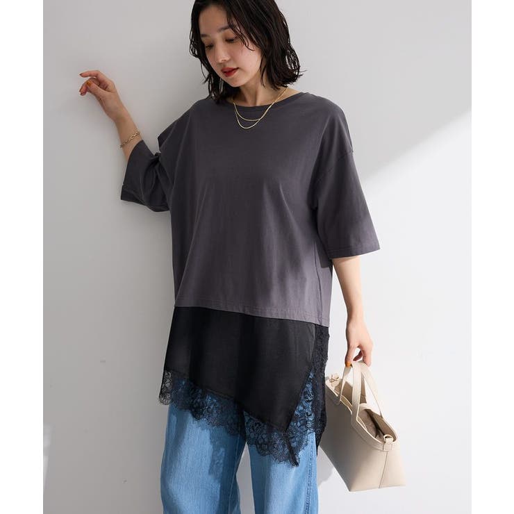 チャコールグレー | レースドッキングTシャツ | Green Parks 