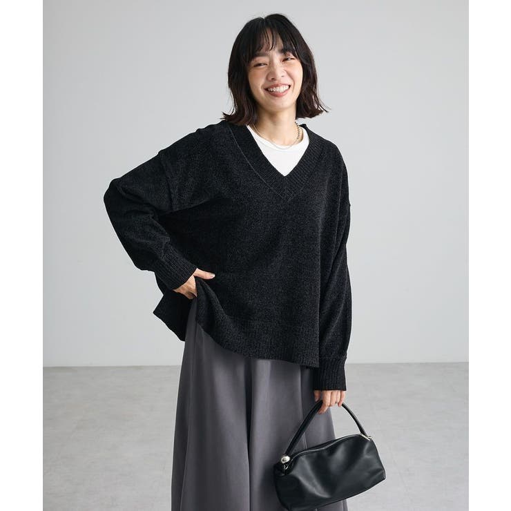 ブラック | 【WEB限定カラーあり】モールVネックニットプルオーバー | Green Parks 
