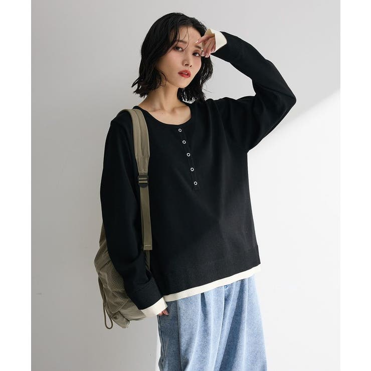 ブラック | ヘンリーネックレイヤードニットプルオーバー | Green Parks 