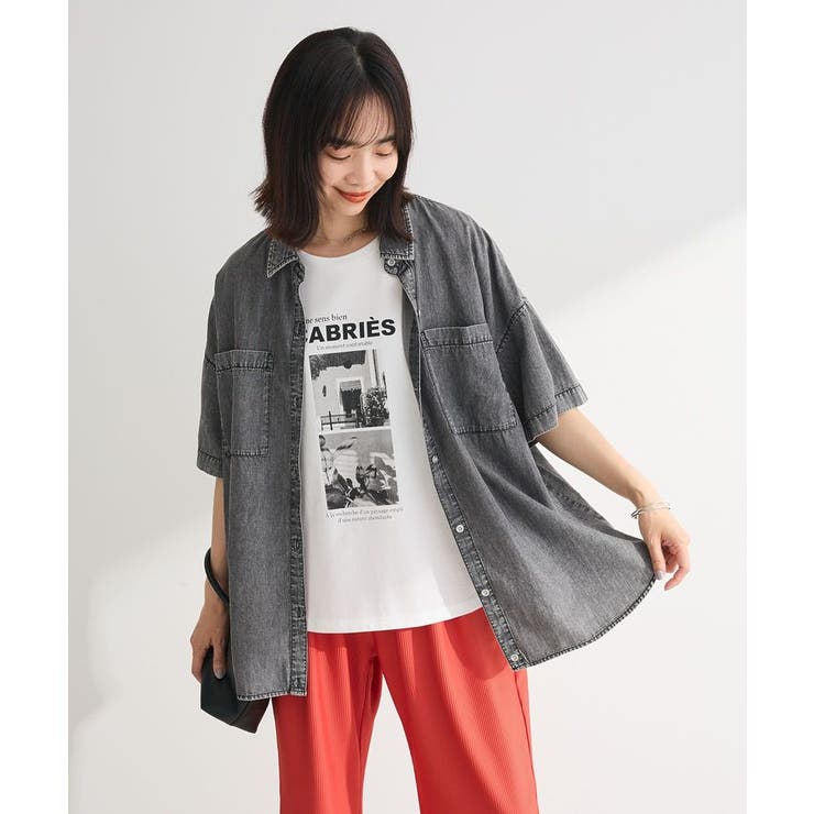 ブラック | 半袖シアーデニムシャツ | Green Parks 